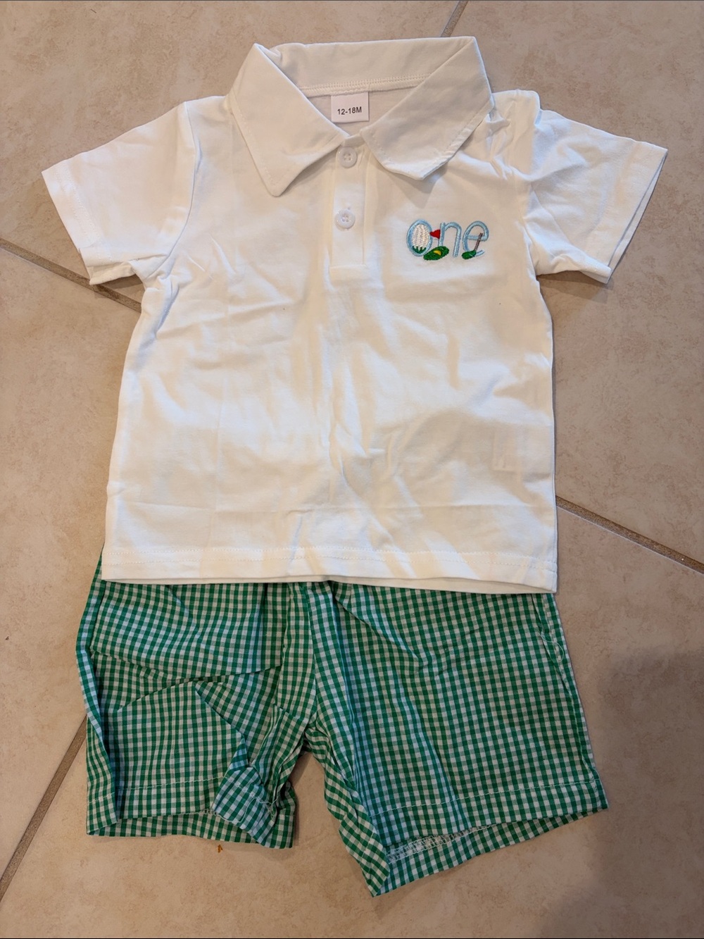 White Polo Top with Green Embroidery - Kids Shirt